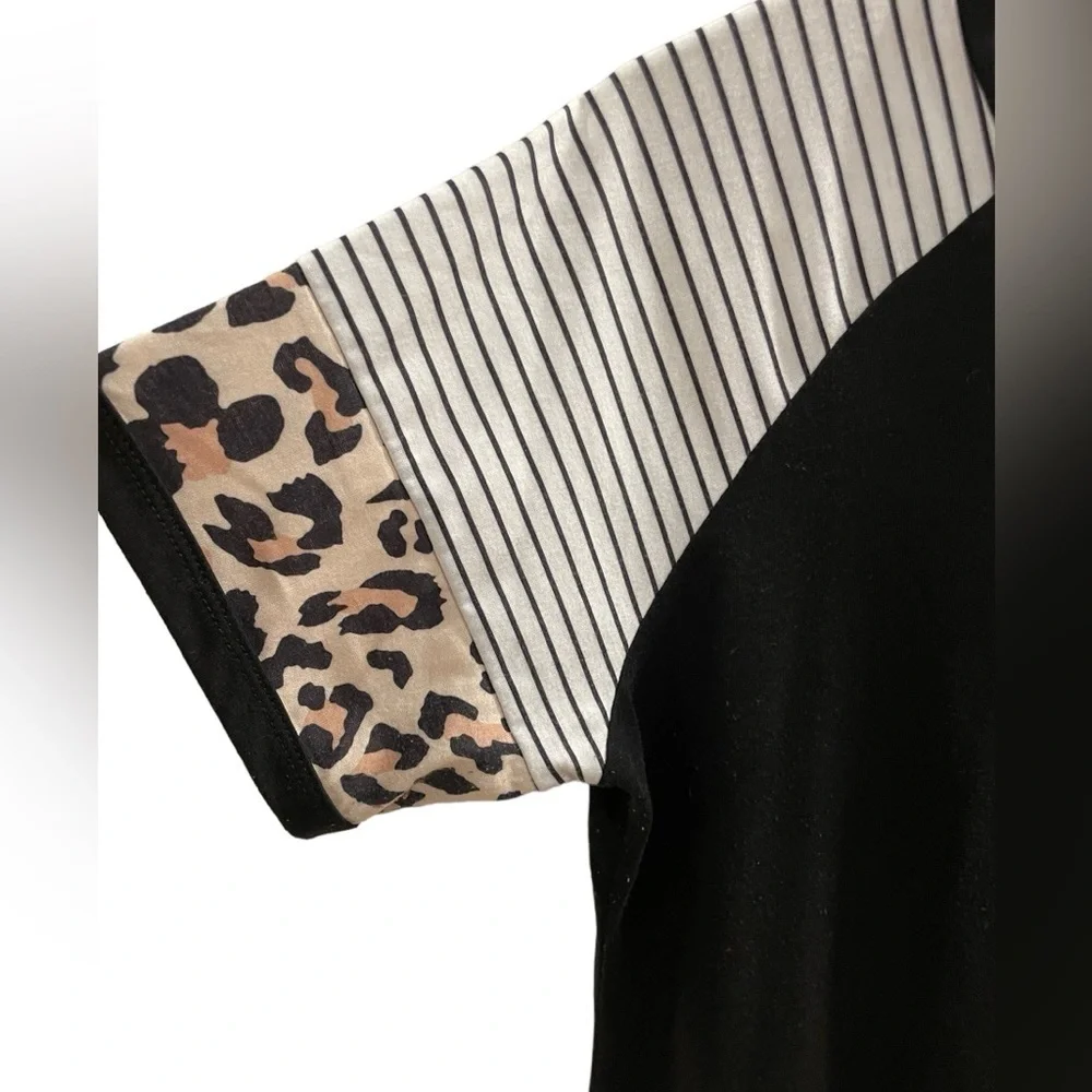 Boutique Cotton Short Sleeve Striped and Leopard Shirt - Picture 2 of 4